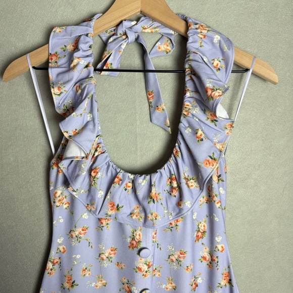 Brand New WeWoreWhat Women's Ruffle Halter Midi Dress Vintage Roses Purple S - Picture 3 of 12